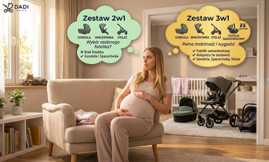 Kobieta w ciąży zastanawiająca się nad wyborem wózka 2w1 lub 3w1 w domowym zaciszu.